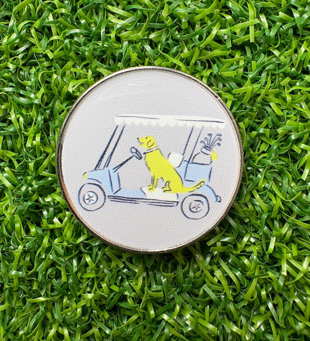 Golf Ball Marker with Hat Clip – Dog in Golf Cart Design