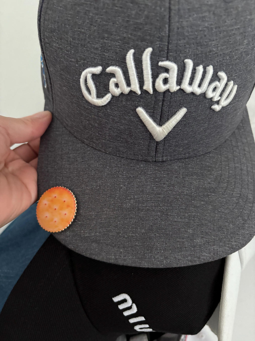 Unique cracker/biscuit golf ball marker with magnetic hat clip
