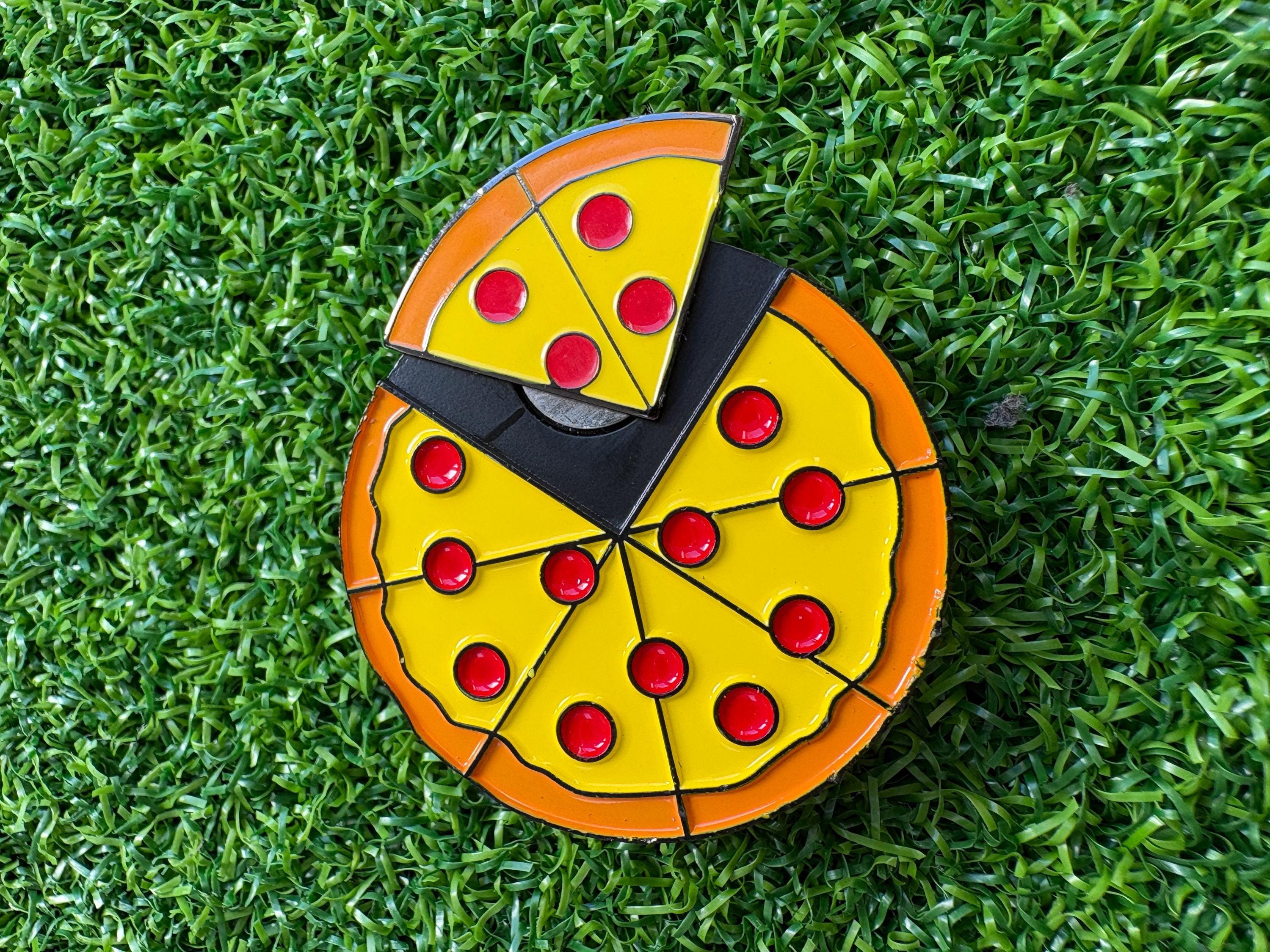 Dual-sided pizza style unique golf green reading, slope level, with ball marker attached