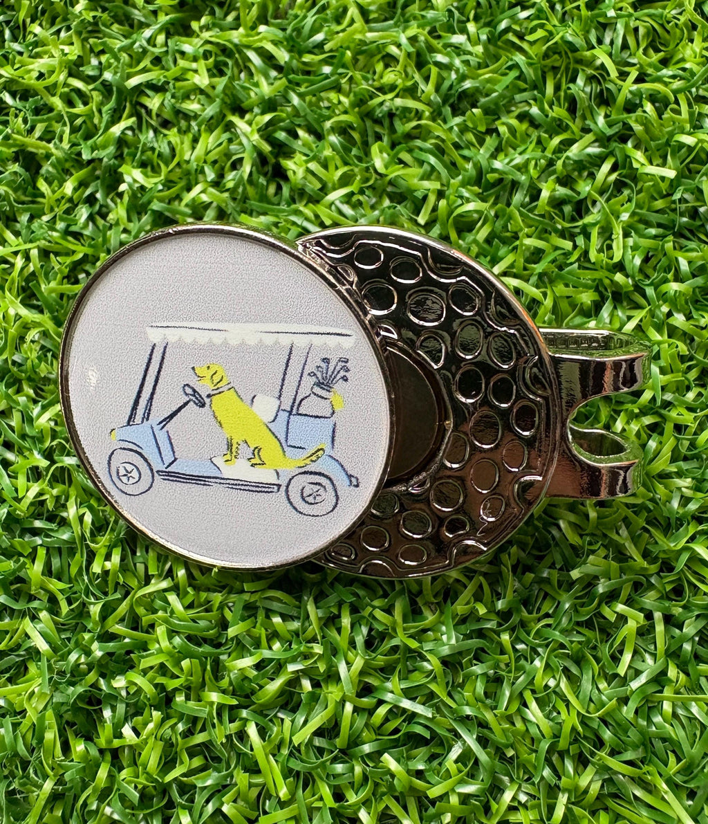 Golf Ball Marker with Hat Clip – Dog in Golf Cart Design