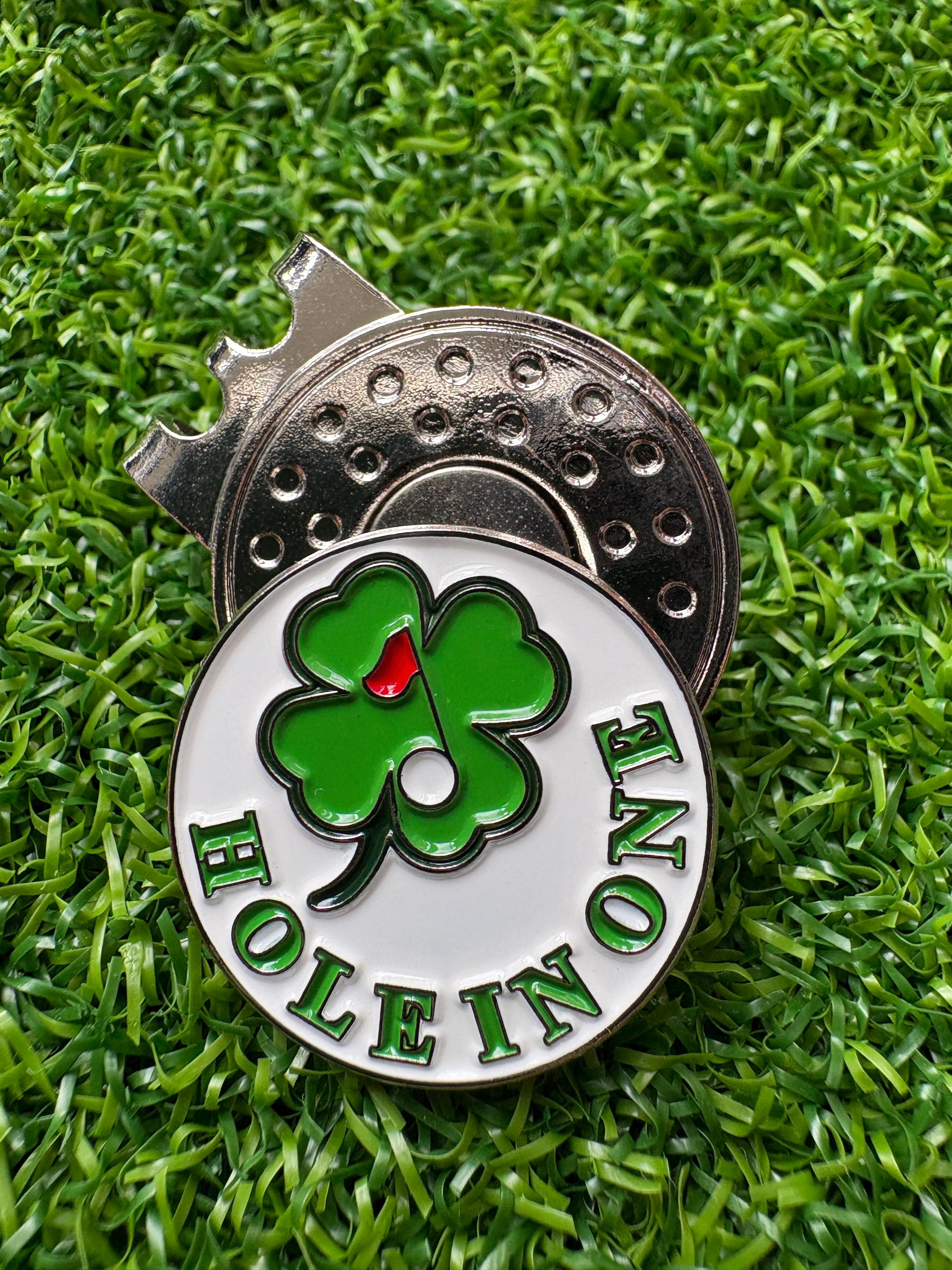 'Hole in One' lucky clover style golf ball marker with hat clip