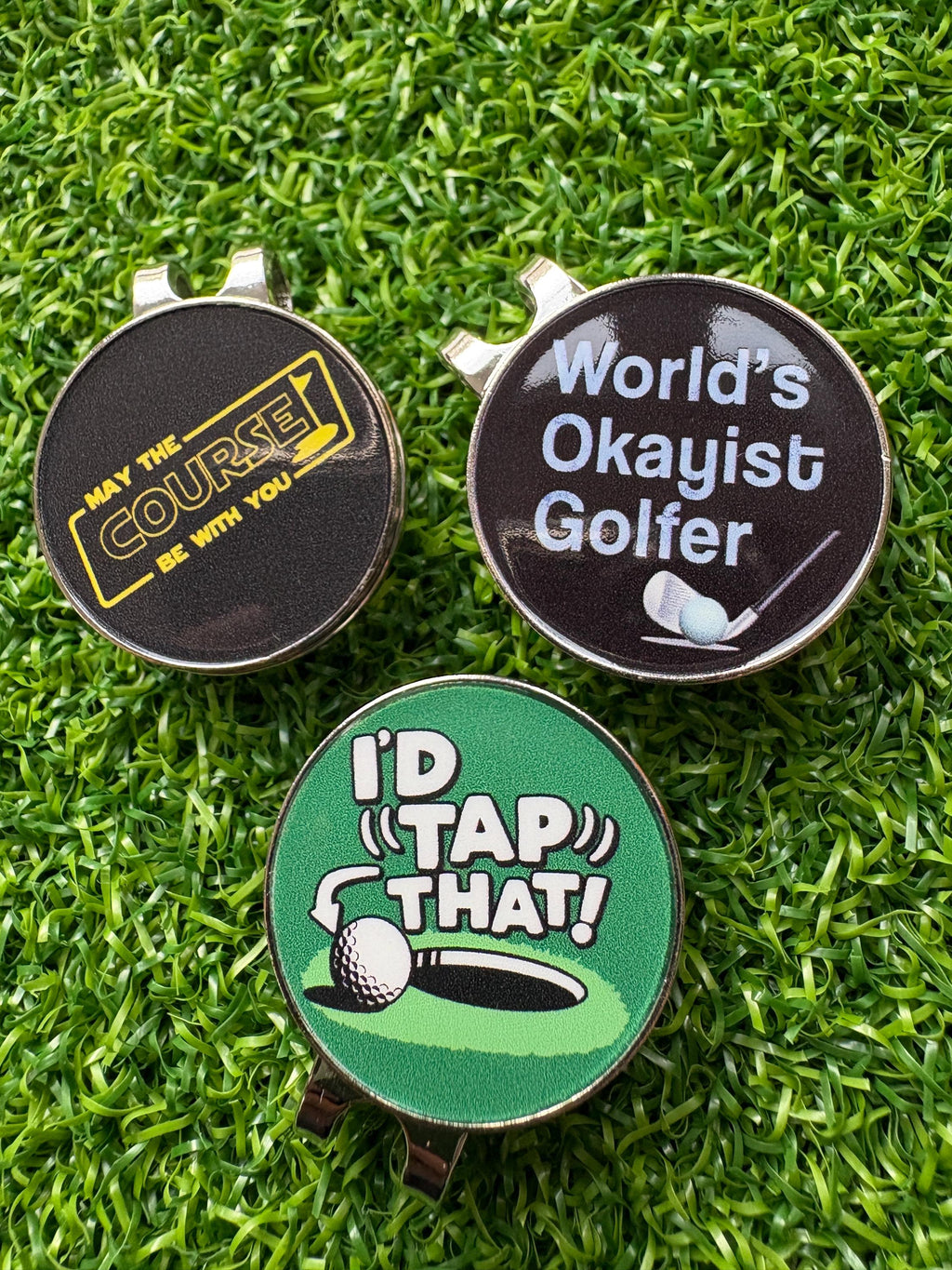 Funny Golf Ball Markers – 3 Designs, hat clips included