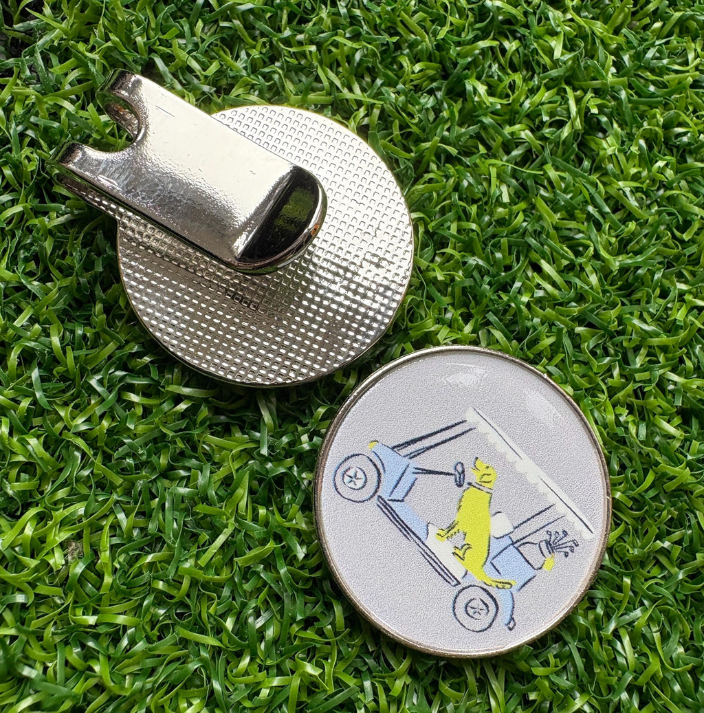 Golf Ball Marker with Hat Clip – Dog in Golf Cart Design